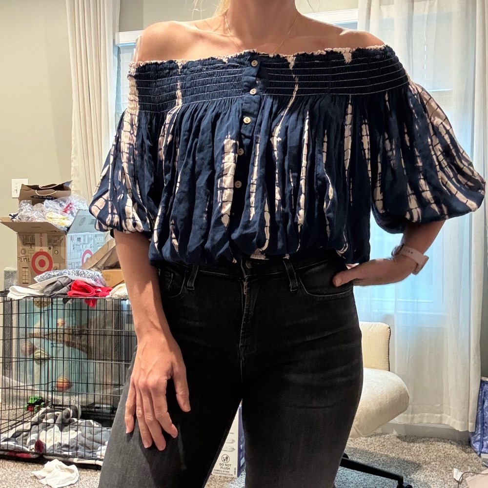 Off-Shoulder Navy Tie-Dye Peasant Top